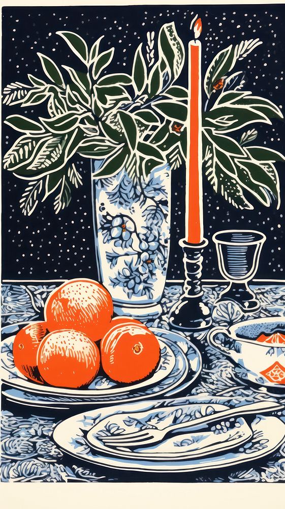 Christmas dinner painting drawing candle. AI generated Image by rawpixel.