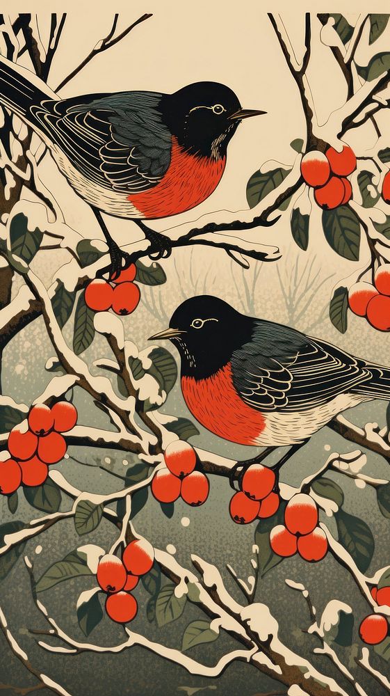 Christmas robins drawing nature plant. AI generated Image by rawpixel.