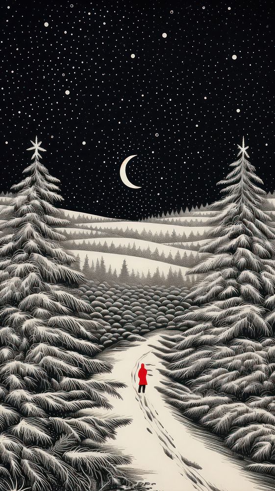 Christmas scene drawing nature night. AI generated Image by rawpixel.