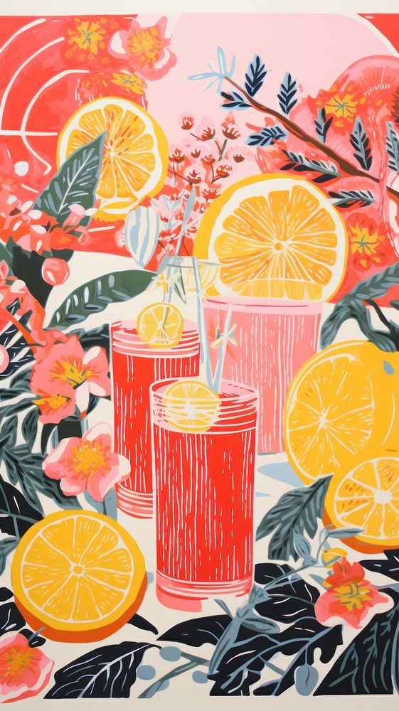 Cocktail party grapefruit painting drawing. AI generated Image by rawpixel.