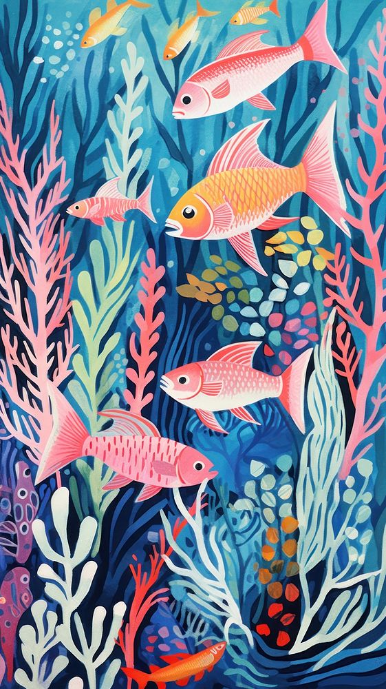 Colorful fishes coral reef tropical nature outdoors painting. AI generated Image by rawpixel.