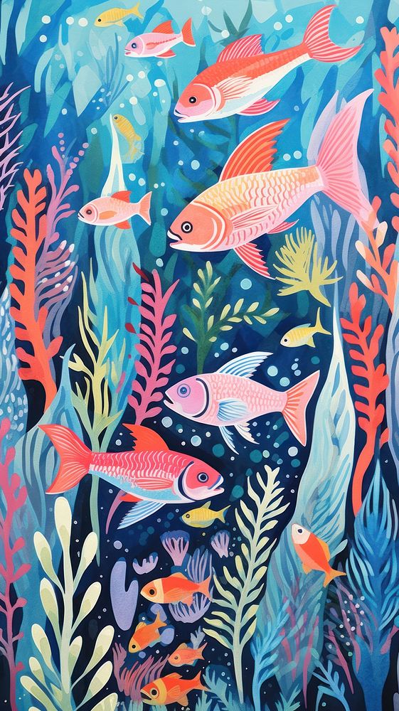 Colorful fishes coral reef tropical nature outdoors painting. AI generated Image by rawpixel.