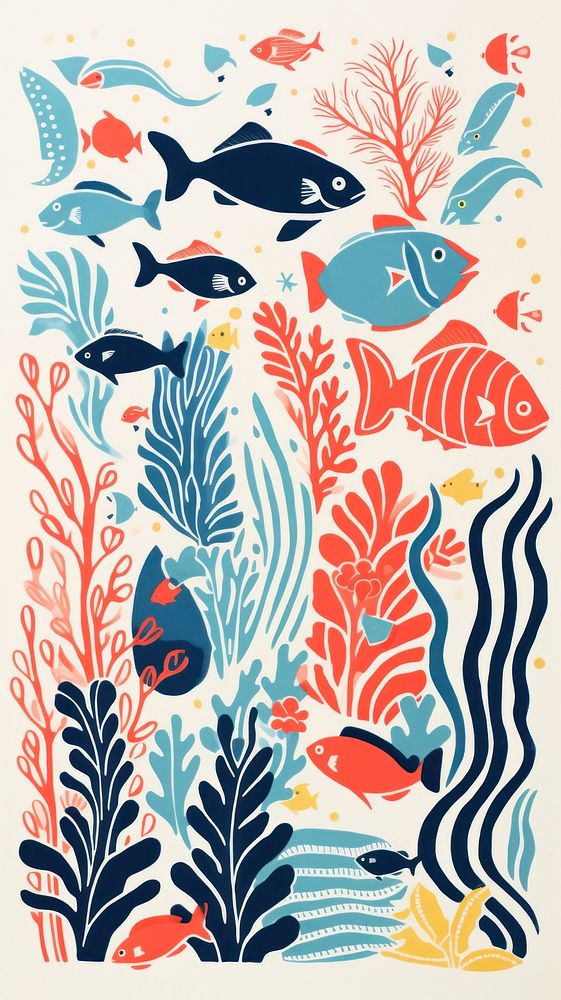 Coral reef fishes tropical colorful painting pattern drawing. AI generated Image by rawpixel.