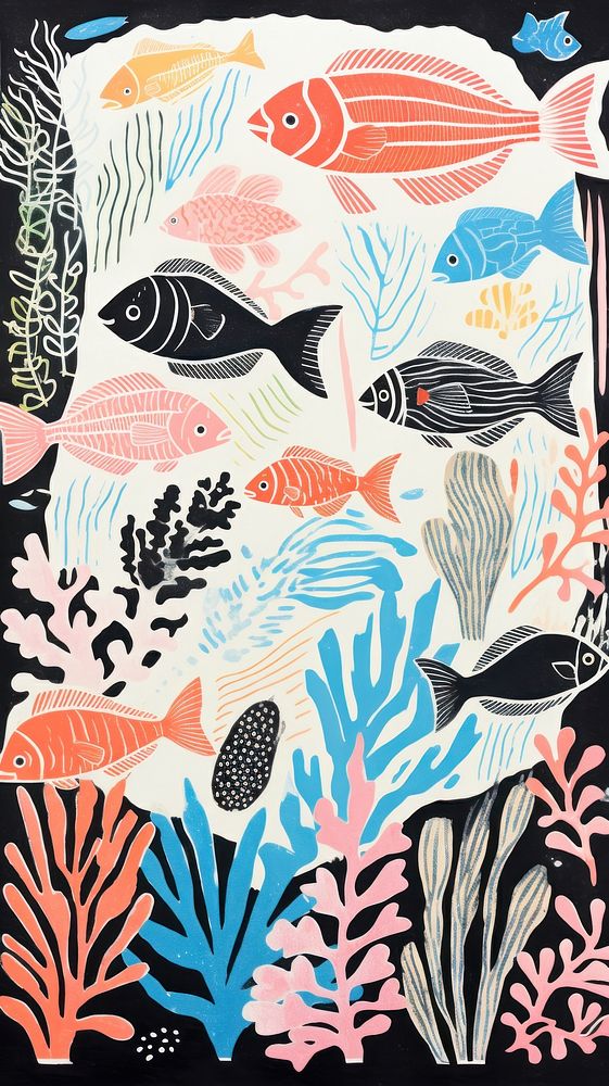Coral reef fishes tropical colorful pattern drawing nature. AI generated Image by rawpixel.