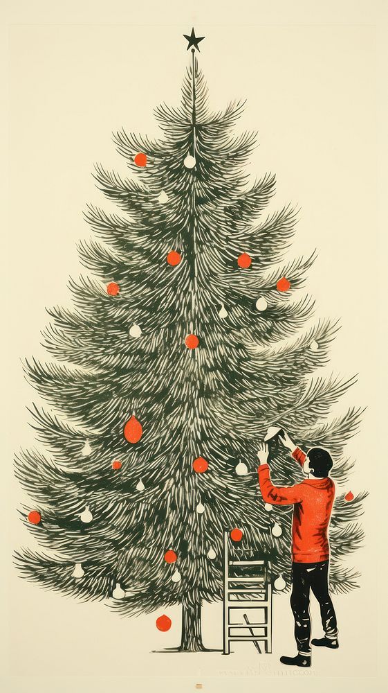 Decorating chrsitmas tree pine christmas drawing. AI generated Image by rawpixel.