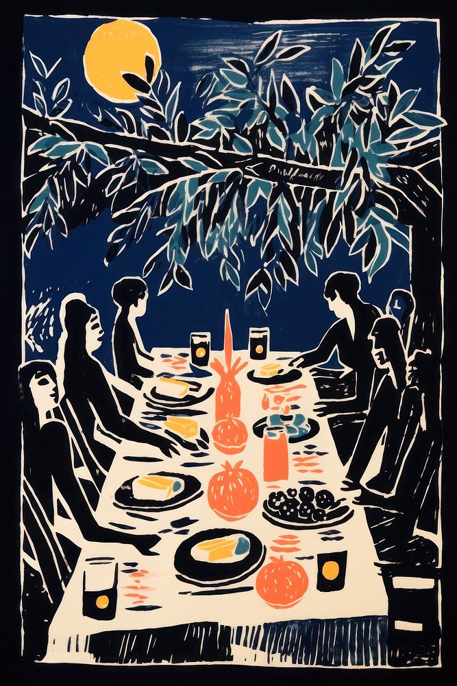 Dinner party restaurant painting drawing. AI generated Image by rawpixel.