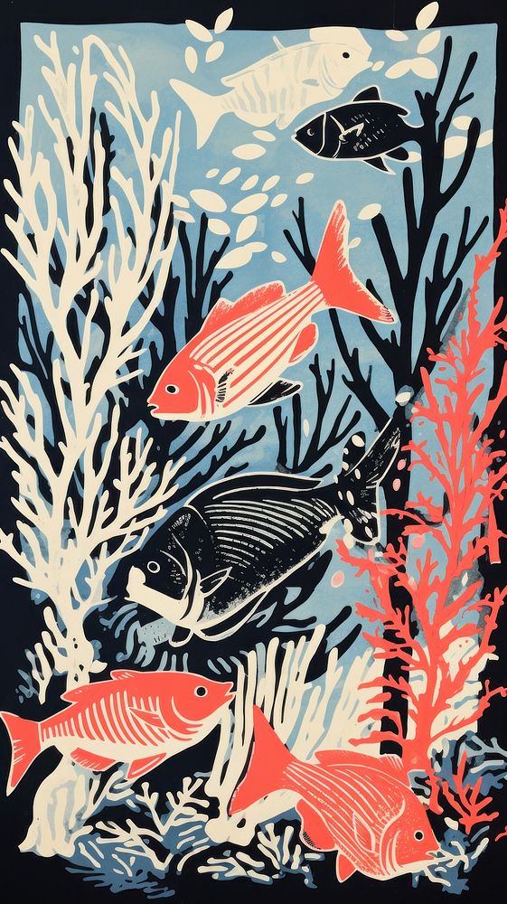 Fishes coral reef nature outdoors drawing. AI generated Image by rawpixel.