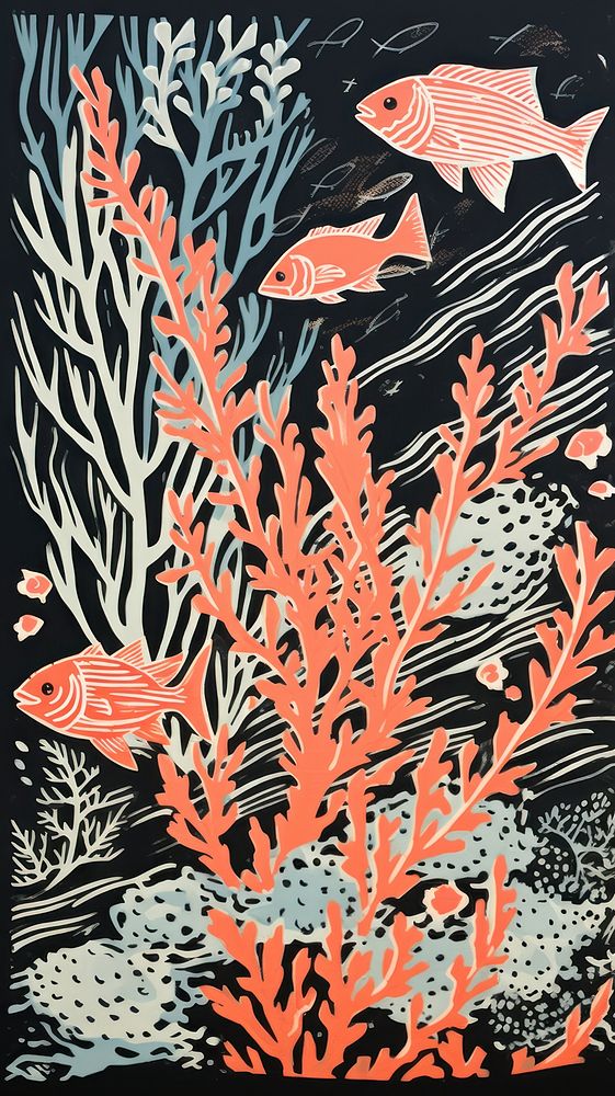 Fishes coral reef nature pattern drawing. AI generated Image by rawpixel.