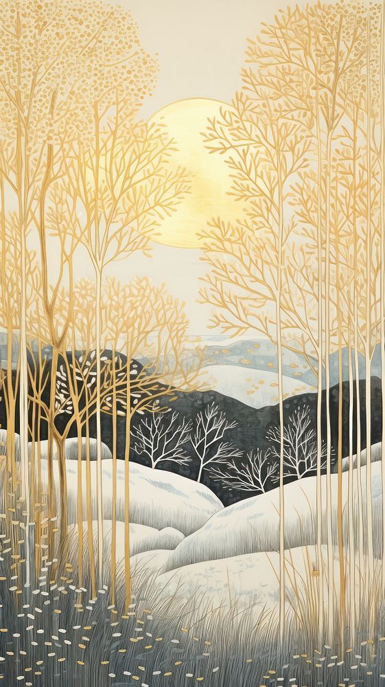 Gold and silver winter scene nature outdoors drawing. AI generated Image by rawpixel.