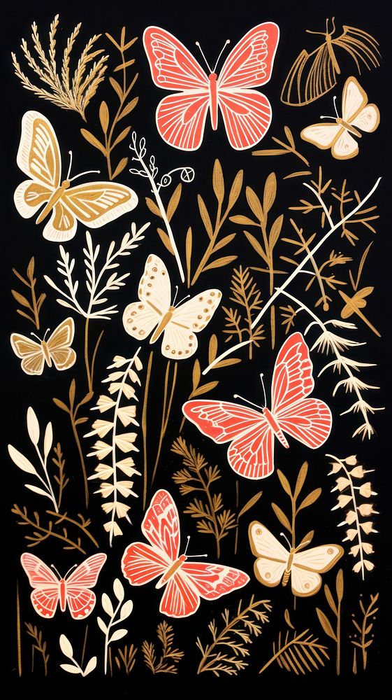 Gold and silver and pink butterflies pattern nature plant. AI generated Image by rawpixel.