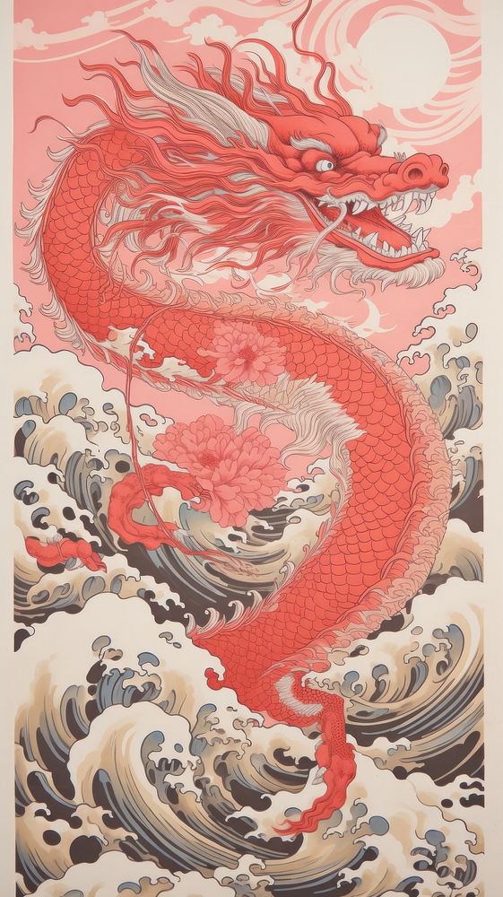 Gold and silver and pink chinese dragon drawing nature art. AI generated Image by rawpixel.
