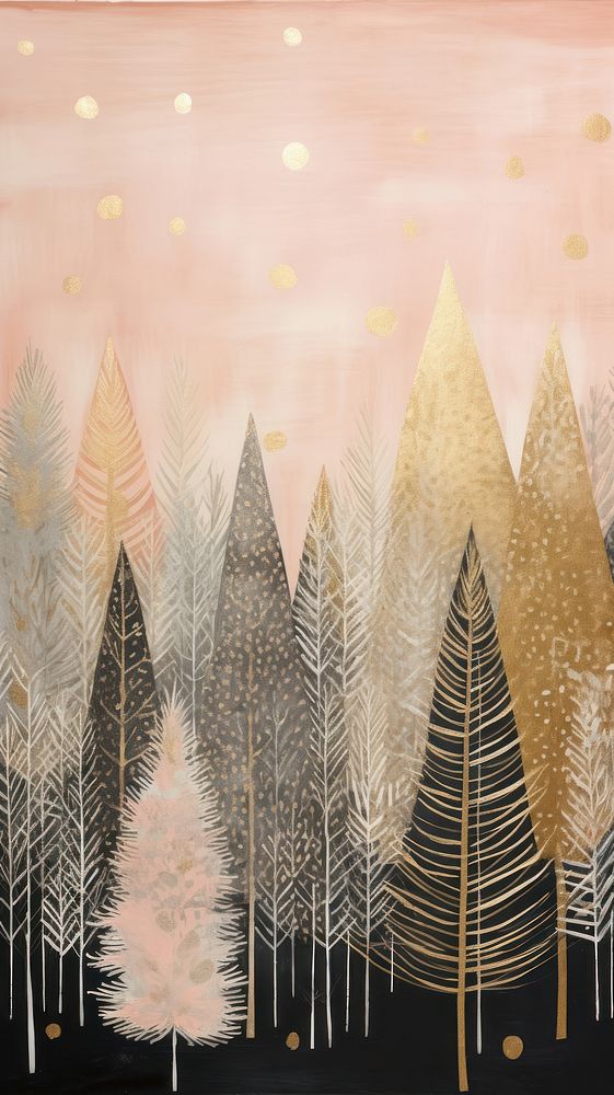 Gold and silver and pink christmas trees painting drawing nature. AI generated Image by rawpixel.