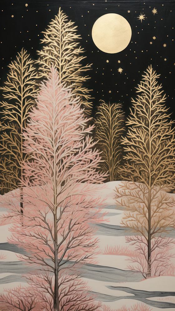 Gold and silver and pink christmas trees nature astronomy outdoors. AI generated Image by rawpixel.