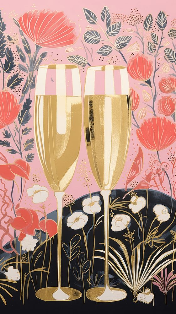 Gold and silver and pink many champagne glasses painting nature drink. AI generated Image by rawpixel.