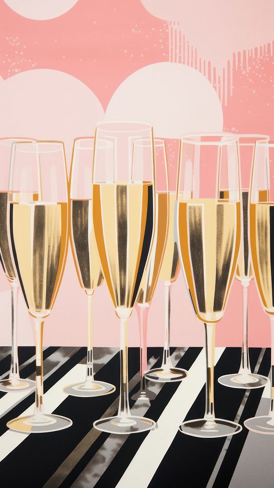Gold and silver and pink many champagne glasses drink wine refreshment. AI generated Image by rawpixel.