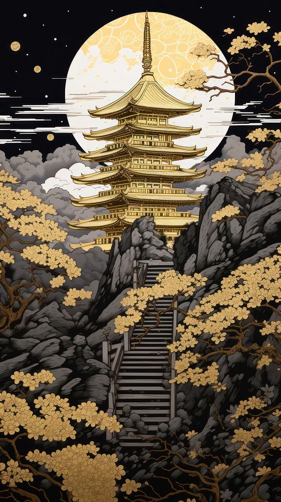 Gold and silver japanese temple architecture building pagoda. AI generated Image by rawpixel.