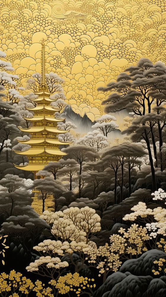 Gold and silver japanese temple architecture nature art. AI generated Image by rawpixel.