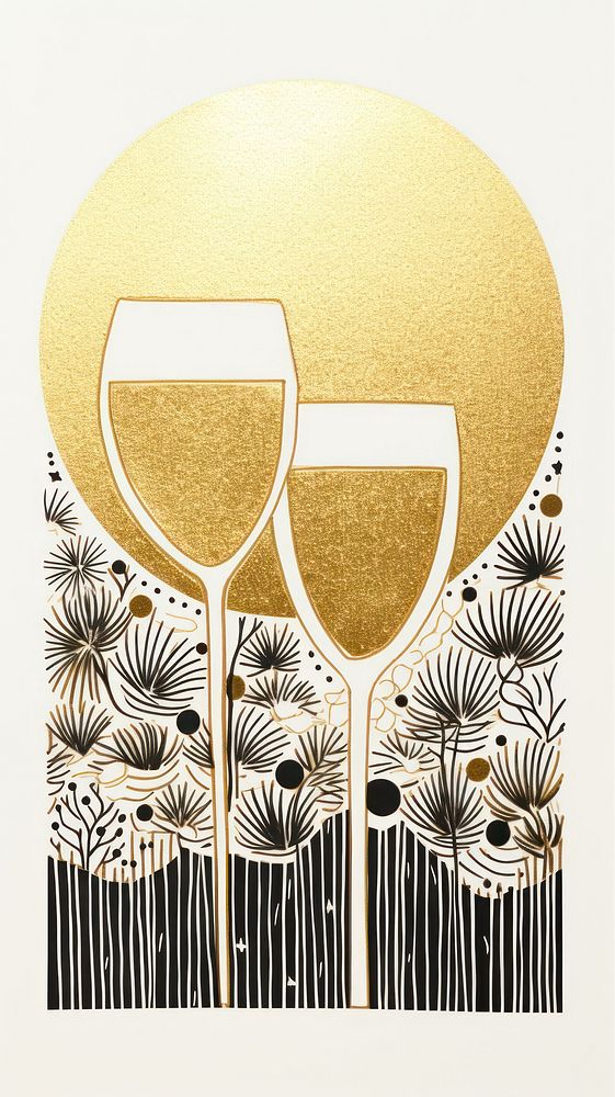 Gold silver champagne glass pattern drawing art refreshment. AI generated Image by rawpixel.