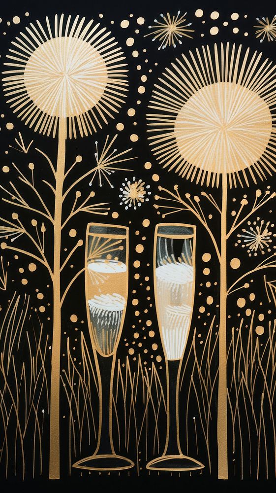 Gold silver champagne glasses fireworks pattern drawing nature art. AI generated Image by rawpixel.