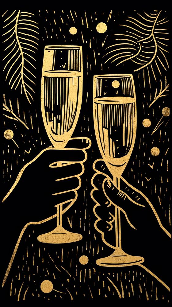 Gold silver hands cheers champagne glasses drawing drink refreshment. 