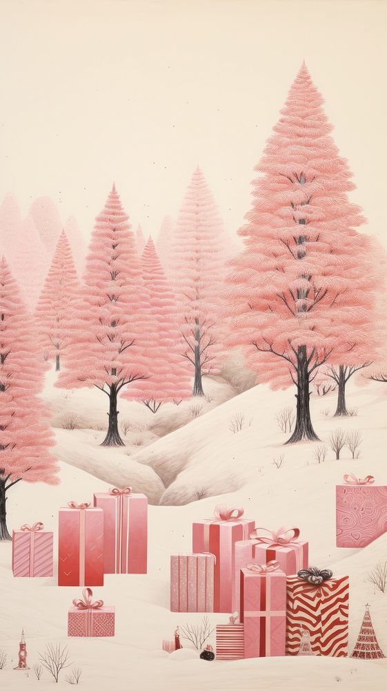 Gold silver pink christmas presents drawing nature sketch. AI generated Image by rawpixel.