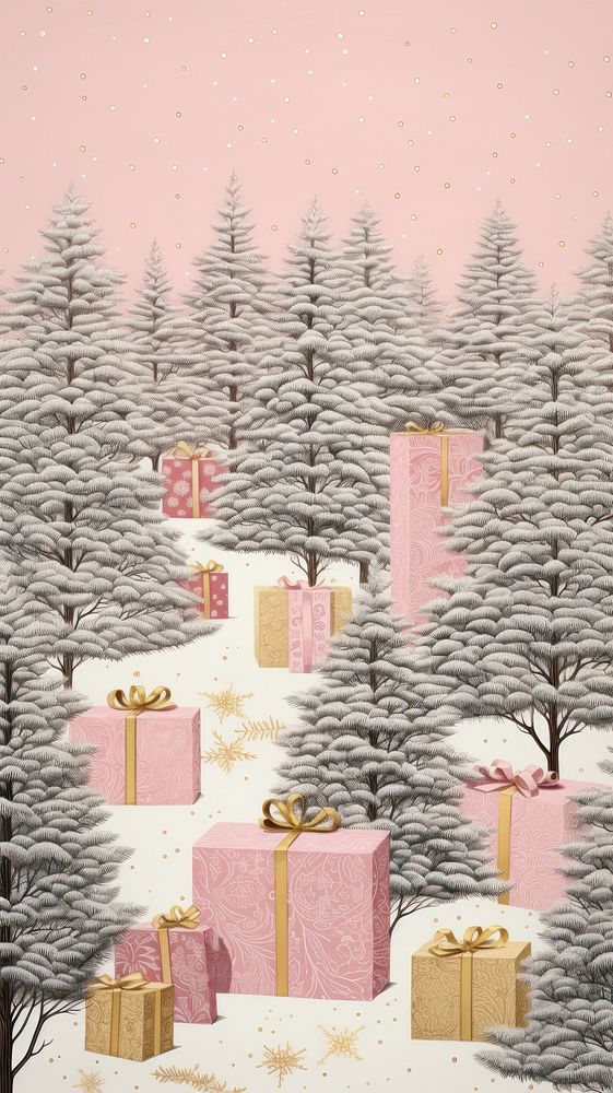 Gold silver pink christmas presents nature plant tree. 