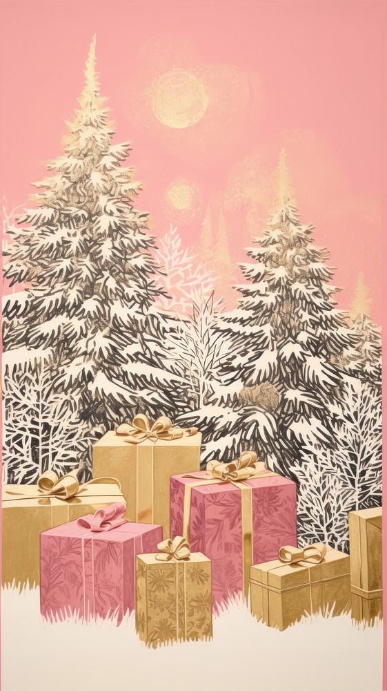 Gold silver pink christmas presents drawing nature plant. AI generated Image by rawpixel.