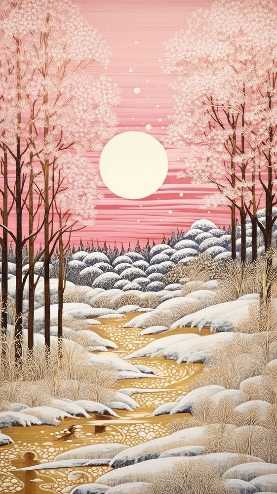 Gold silver pink christmas wonderland nature outdoors drawing. AI generated Image by rawpixel.