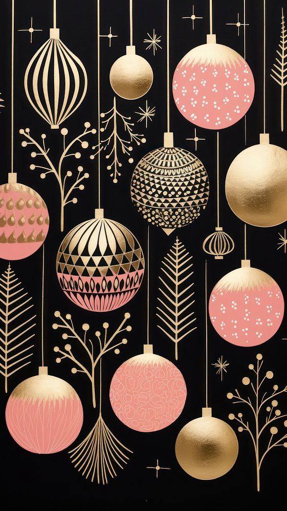 Gold silver pink cristmas baubles nature art celebration. 