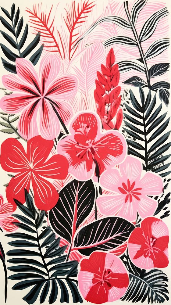 Gold silver pink tropical plants hibiscus pattern drawing. AI generated Image by rawpixel.