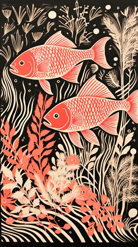 Gold pink silver coral reef fishes pattern drawing animal. AI generated Image by rawpixel.