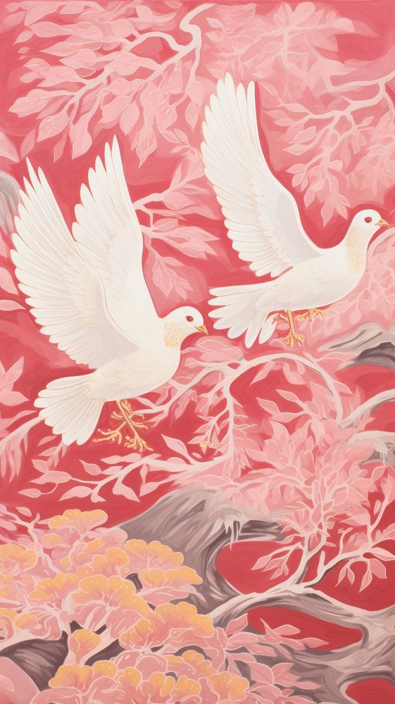 Gold pink silver doves flying painting drawing nature. 