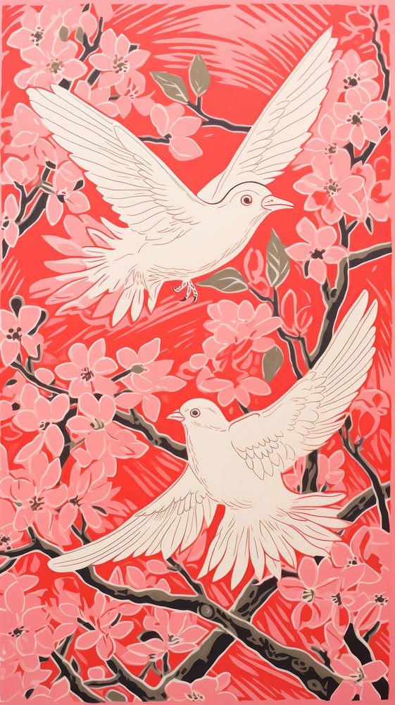 Gold pink silver doves flying painting drawing nature. 