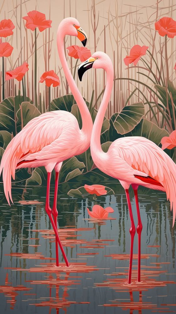 Gold pink silver flamingoes animal nature bird. 