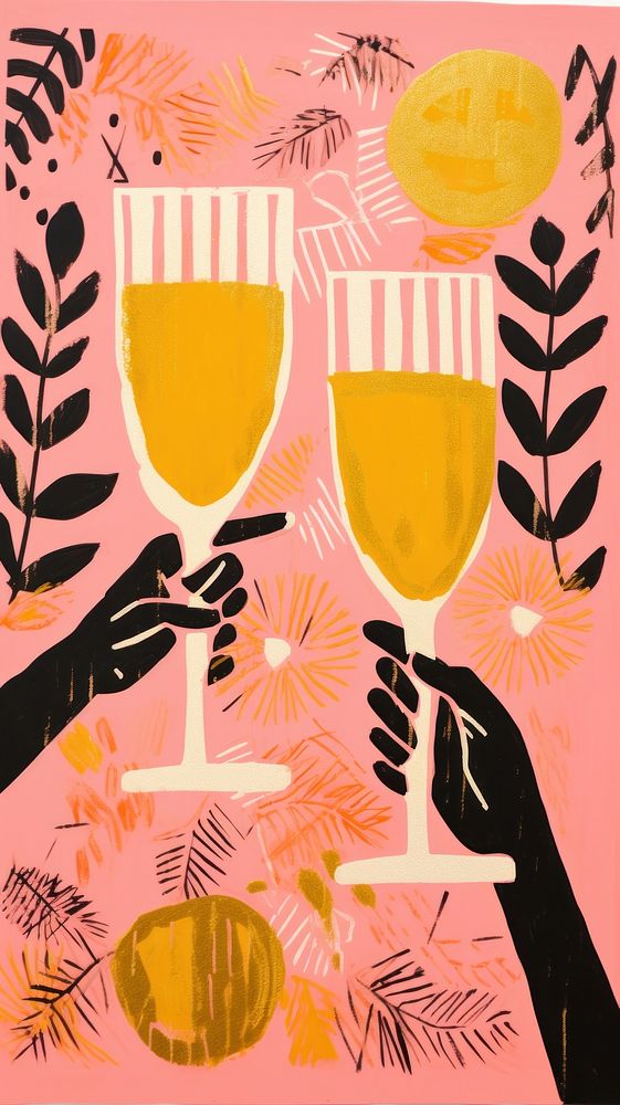 Gold pink silver hands cheers champagne glasses painting drawing drink. AI generated Image by rawpixel.