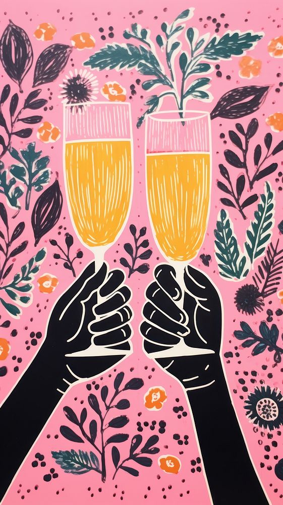 Gold pink silver hands cheers champagne glasses drawing sketch art. AI generated Image by rawpixel.