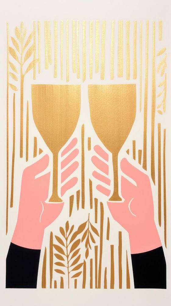 Gold pink silver hands cheers champagne glasses drawing refreshment stemware. 