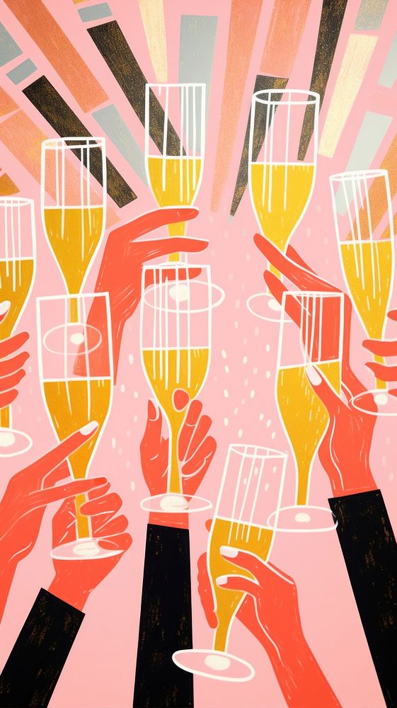 Gold pink silver hands holding many champagne glasses drink party fun. AI generated Image by rawpixel.