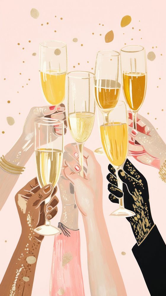 Gold pink silver hands holding many champagne glasses happiness party drink. AI generated Image by rawpixel.