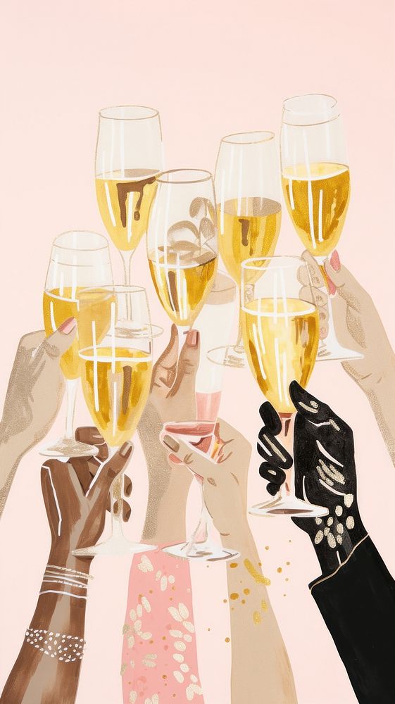 Gold pink silver hands holding many champagne glasses drink adult wine. AI generated Image by rawpixel.
