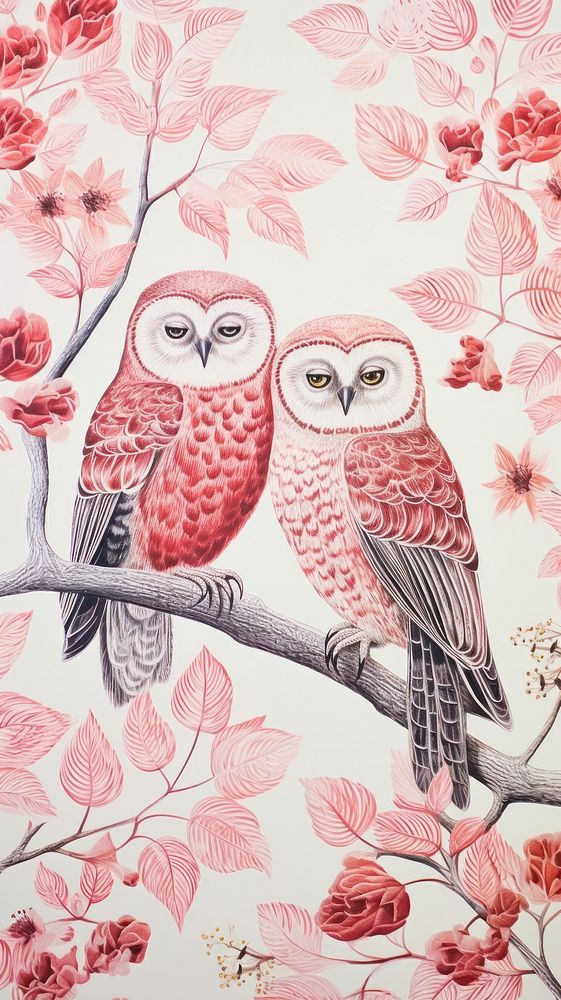 Gold pink silver owls pattern drawing animal nature. AI generated Image by rawpixel.