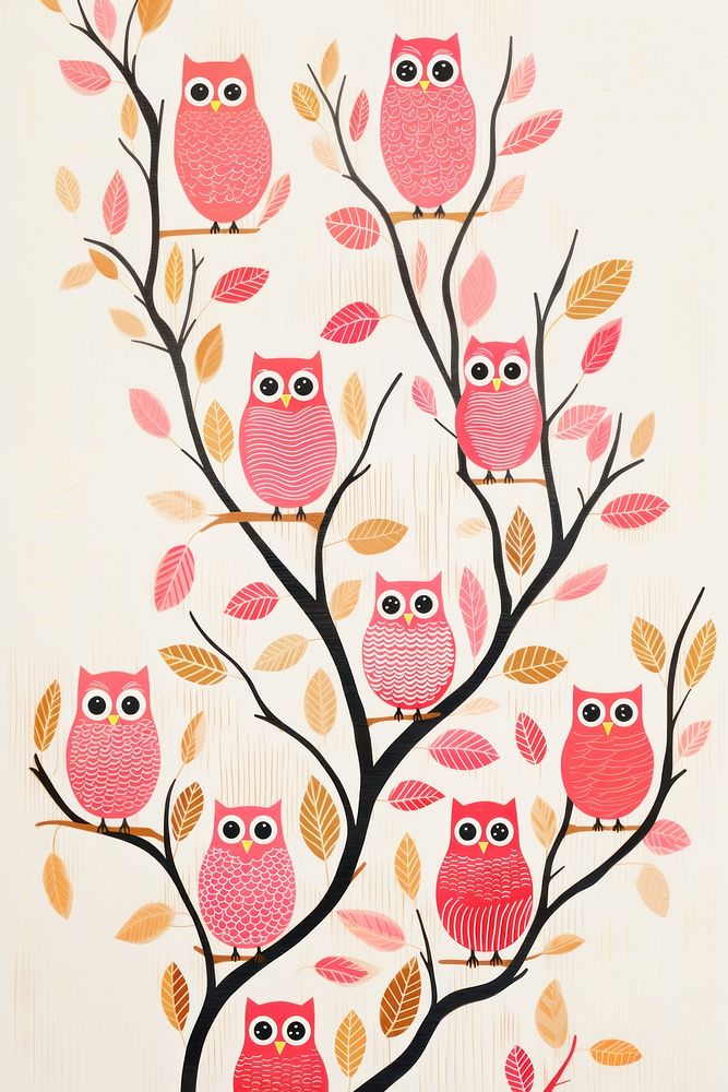 Gold pink silver owls pattern painting drawing nature. AI generated Image by rawpixel.