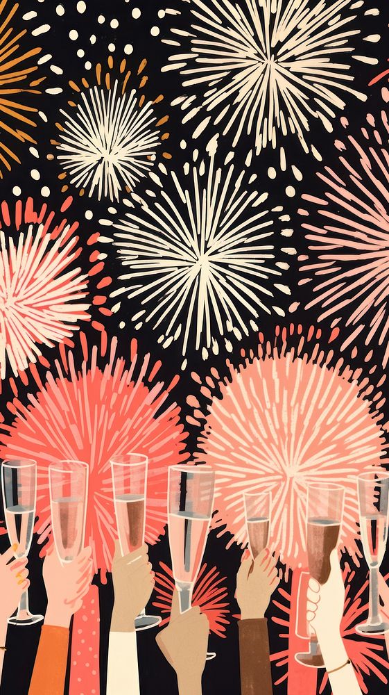 Gold pink silver many hands holding champagne glasses fireworks pattern art celebration backgrounds. AI generated Image by…