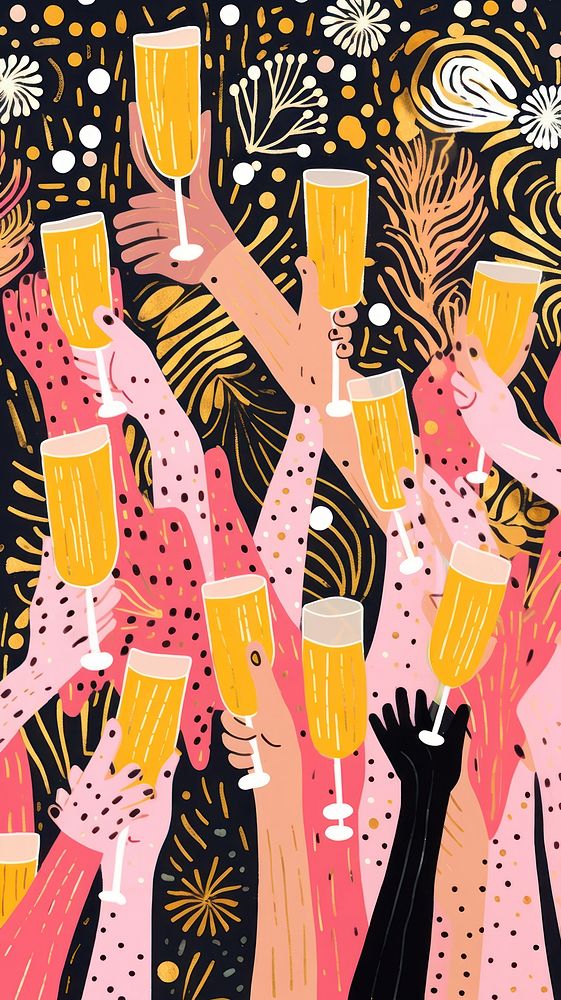 Gold pink silver many hands holding champagne glasses fireworks pattern drawing togetherness celebration. AI generated Image…