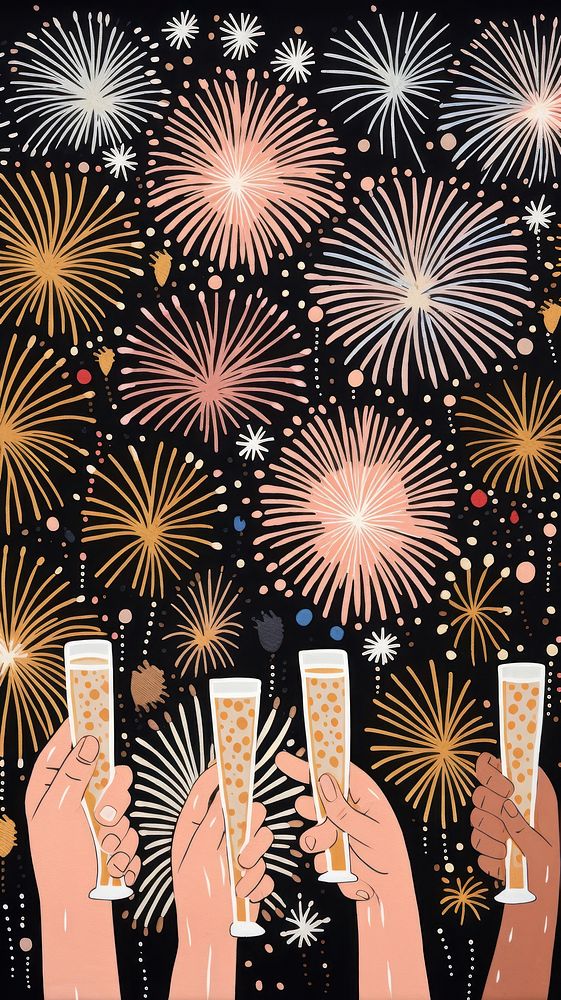Gold pink silver many hands holding champagne glasses fireworks pattern celebration backgrounds recreation. AI generated…
