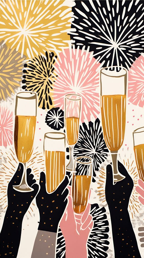 Gold pink silver many hands holding champagne glasses fireworks pattern drink party fun. AI generated Image by rawpixel.