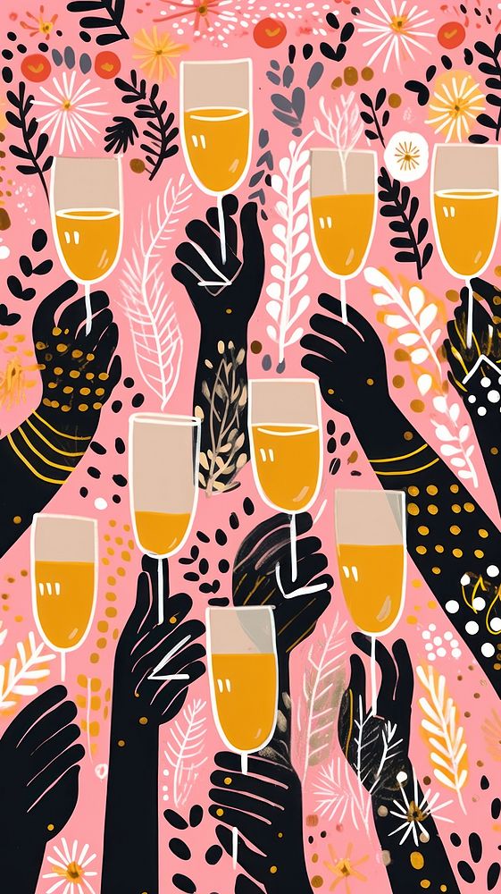 Gold pink silver many hands holding champagne glasses fireworks pattern drink art refreshment. AI generated Image by…