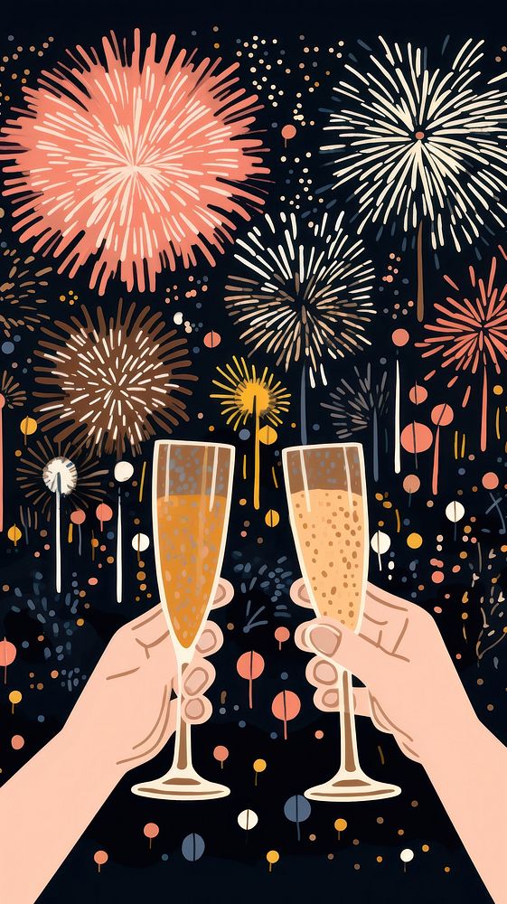 Gold pink silver many hands holding champagne glasses fireworks pattern happiness party fun. AI generated Image by rawpixel.