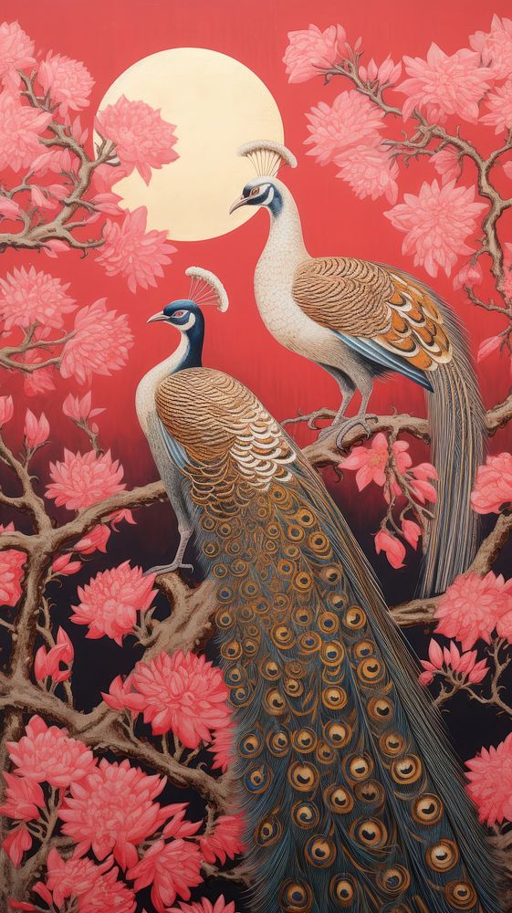 Gold pink silver peacoks painting animal nature. 
