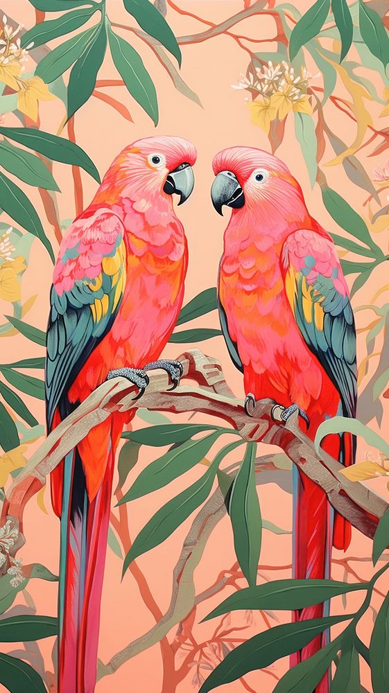 Gold pink silver tropical parrots jungle animal nature bird. 